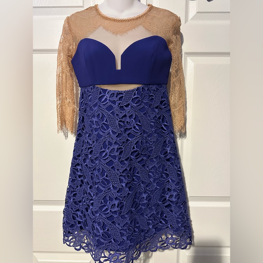 Three Floor cobalt, royal nude, sheer Blue  Tan Lace Dress XXS 2
